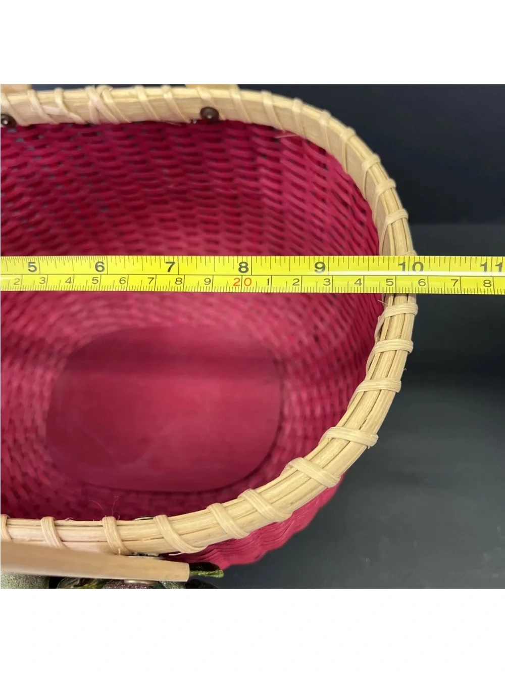 Vintage Red Woven Peterboro Oval Basket With Sugared Fruit & Double Handles 10”